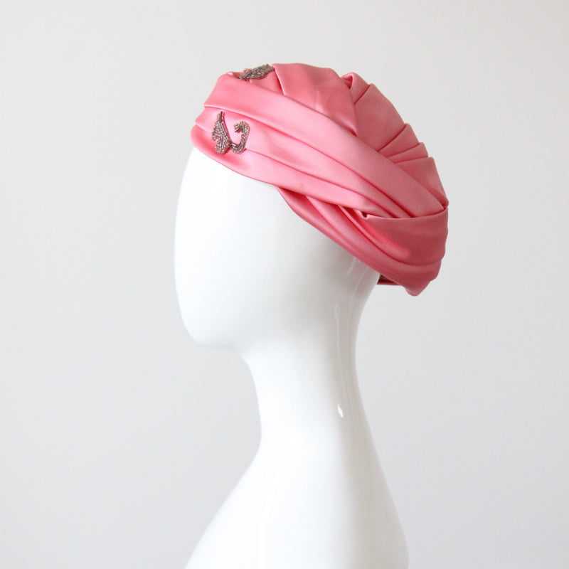 "Pink Pleated Satin" Vintage 1960's Pink Pleated Satin & Bead Turban