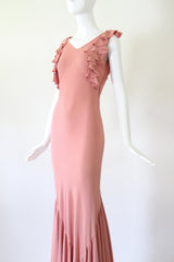 "Waterfall Pleats" Vintage 1930's Blush Crepe Silk Pleated Gown UK 8 US 4