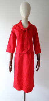 "Red Rose Brocade" Vintage 1960's Red Rose Brocade Skirt Suit UK 8-10 US 4-6