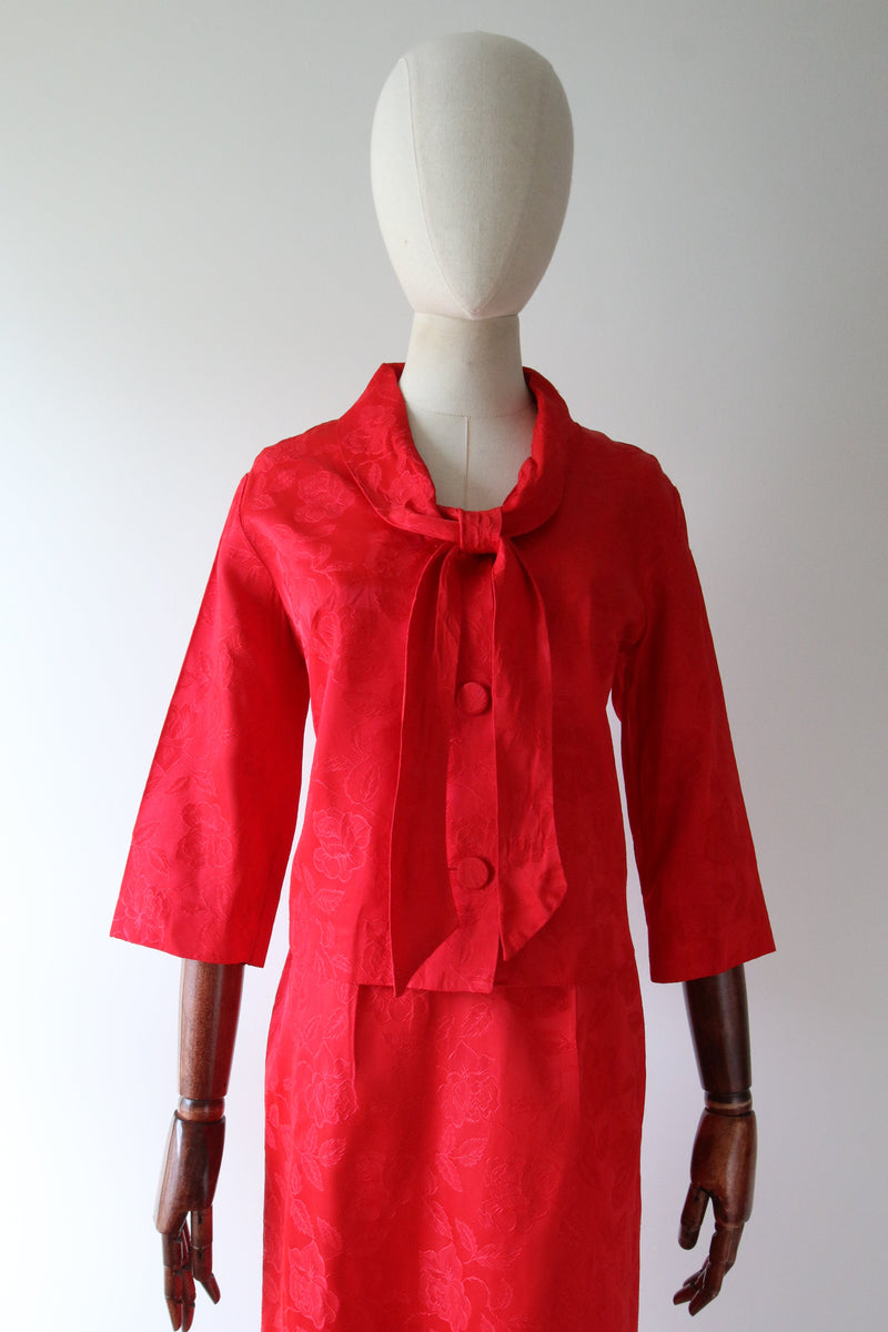 "Red Rose Brocade" Vintage 1960's Red Rose Brocade Skirt Suit UK 8-10 US 4-6