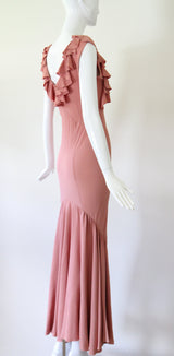 "Waterfall Pleats" Vintage 1930's Blush Crepe Silk Pleated Gown UK 8 US 4