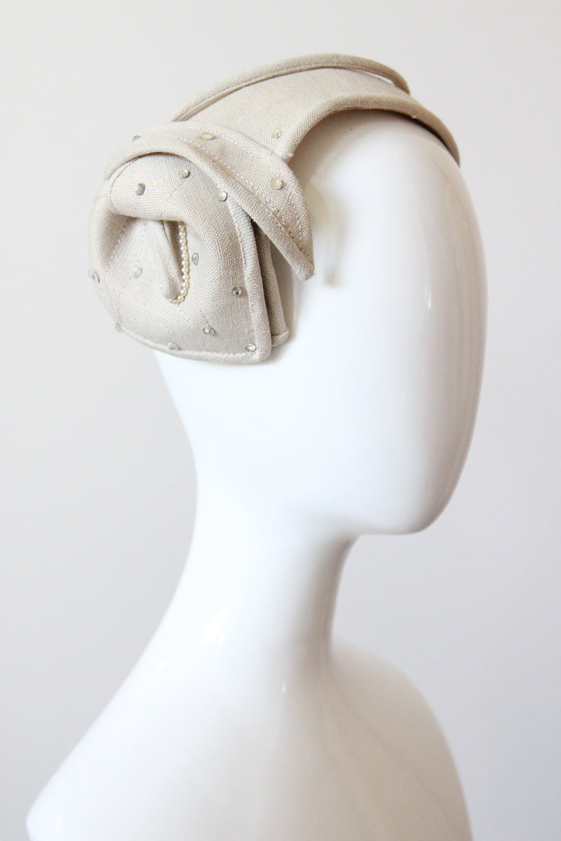 "Linen Lily" Vintage 1950's Linen & Rhinestone Lily Design Percher Hat