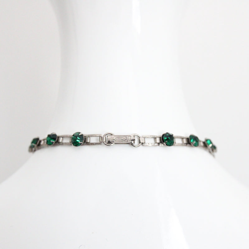 "Emerald Florals" Vintage 1930's Silver & Emerald Rhinestone Floral Necklace