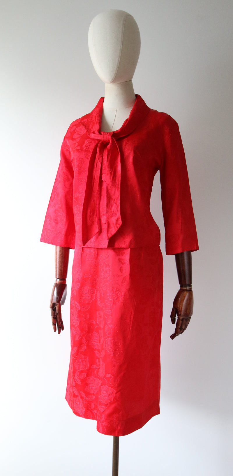 "Red Rose Brocade" Vintage 1960's Red Rose Brocade Skirt Suit UK 8-10 US 4-6