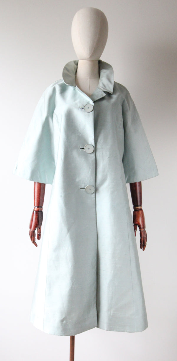 "Ice Blue Silk" Vintage 1950's Ice Blue Shantung Silk Coat UK 10-14 US 6-10