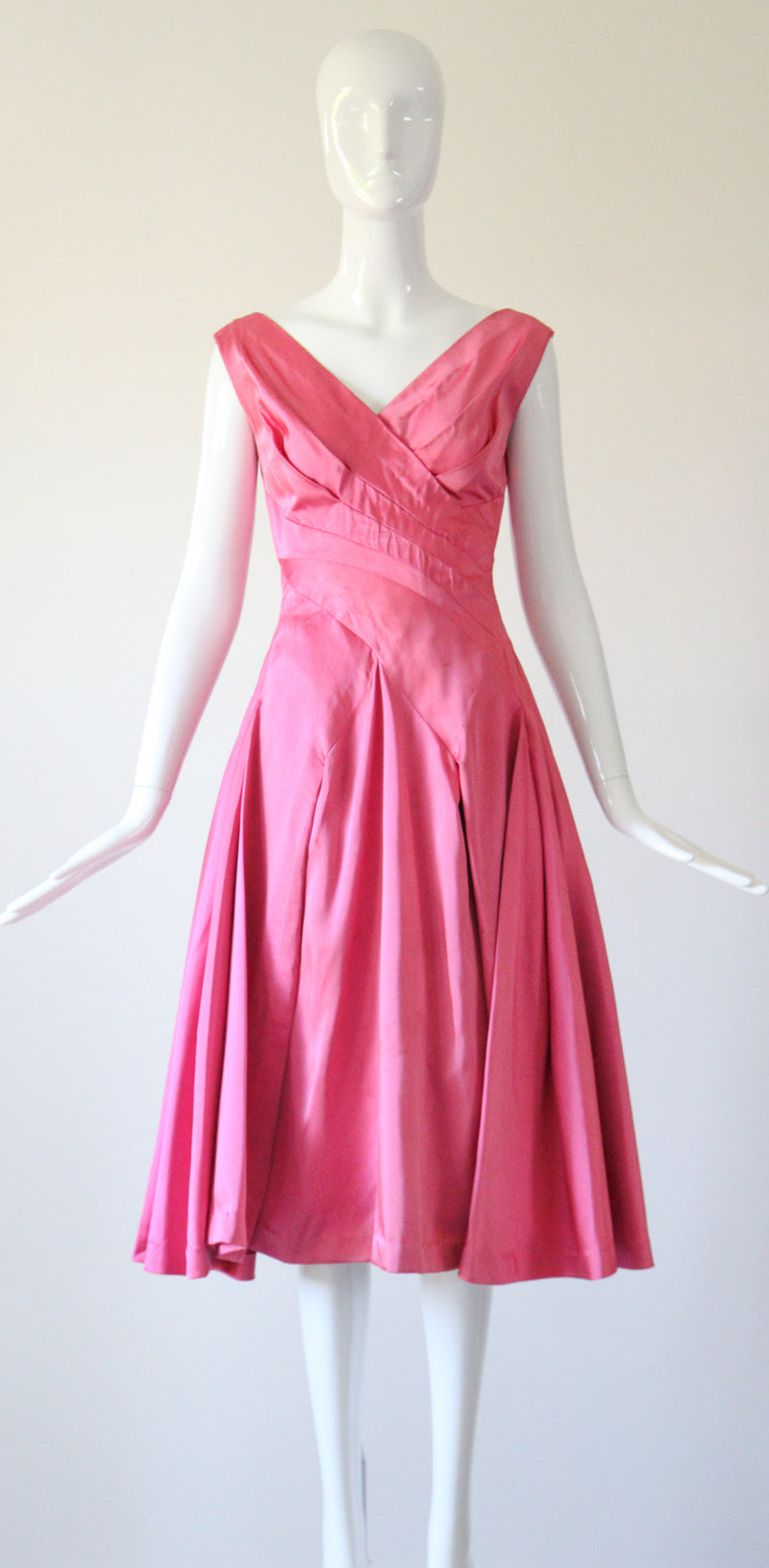 "Sweet Pink Pleats" Vintage 1950's Duchess Satin Sweet Pink Pleated Dress UK 8-10 US 4-6
