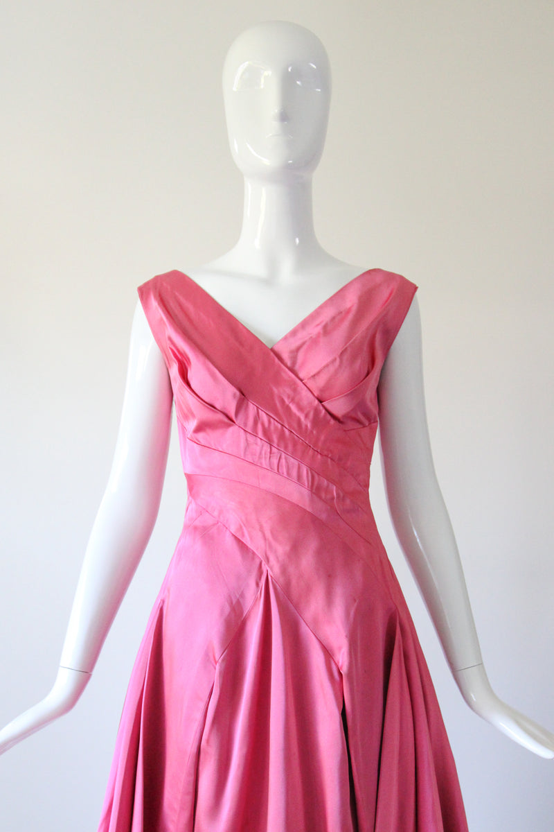 "Sweet Pink Pleats" Vintage 1950's Duchess Satin Sweet Pink Pleated Dress UK 8-10 US 4-6