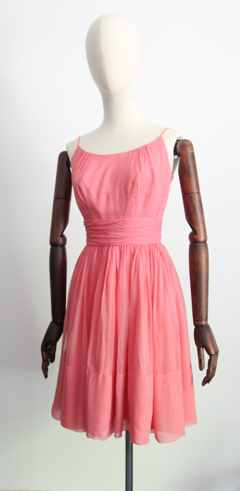"Coral Pleats" Vintage 1950's Coral Pink Silk Pleated Dress UK 6 US 2