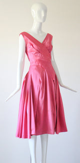 "Sweet Pink Pleats" Vintage 1950's Duchess Satin Sweet Pink Pleated Dress UK 8-10 US 4-6