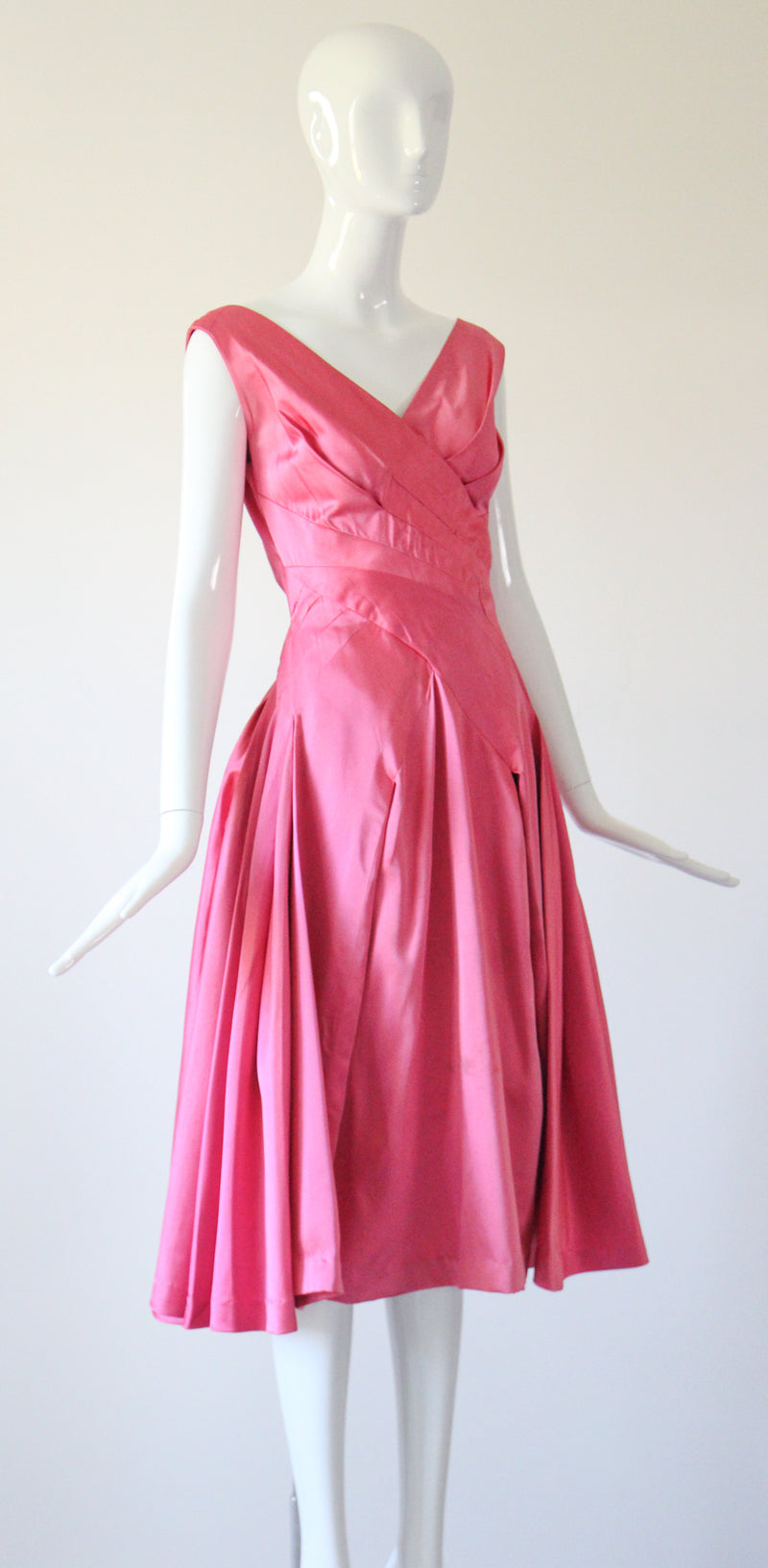 "Sweet Pink Pleats" Vintage 1950's Duchess Satin Sweet Pink Pleated Dress UK 8-10 US 4-6
