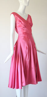 "Sweet Pink Pleats" Vintage 1950's Duchess Satin Sweet Pink Pleated Dress UK 8-10 US 4-6