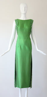 "Trailing Beaded Berries" Vintage 1960's Green Shantung Silk Beaded Evening Gown UK 12-14 US 8-10