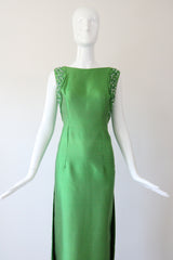 "Trailing Beaded Berries" Vintage 1960's Green Shantung Silk Beaded Evening Gown UK 12-14 US 8-10
