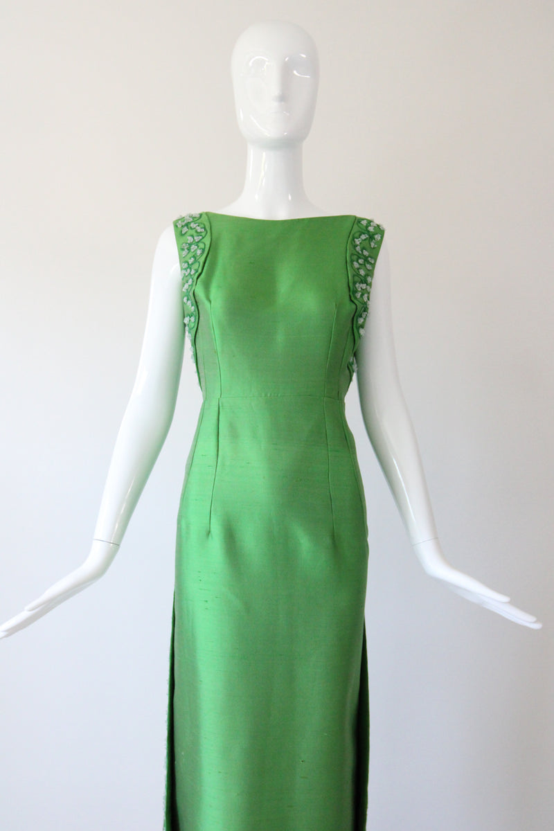 "Trailing Beaded Berries" Vintage 1960's Green Shantung Silk Beaded Evening Gown UK 12-14 US 8-10