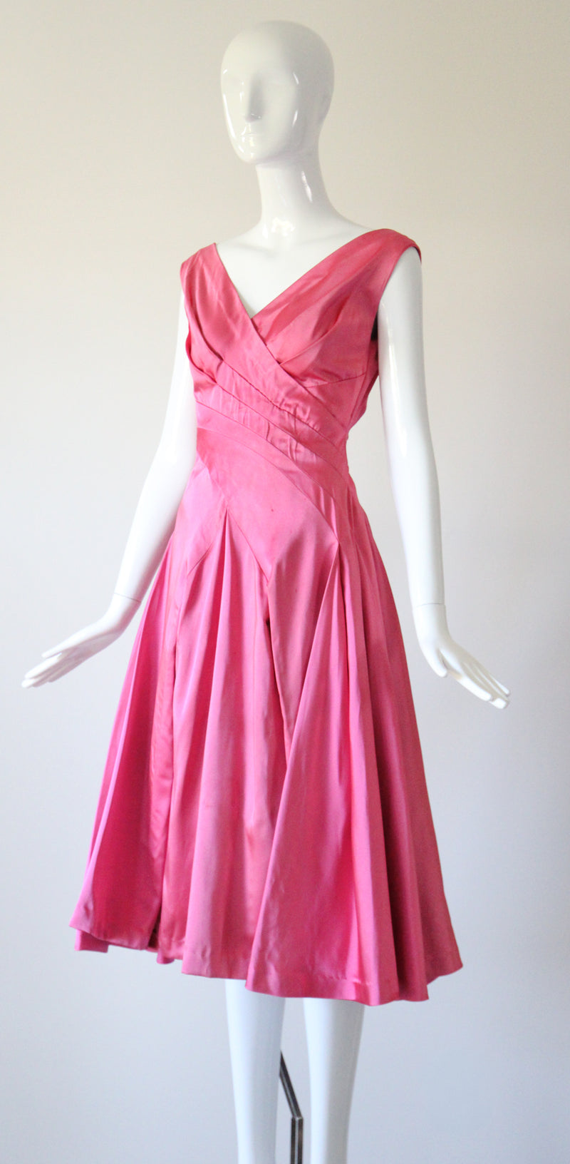 "Sweet Pink Pleats" Vintage 1950's Duchess Satin Sweet Pink Pleated Dress UK 8-10 US 4-6