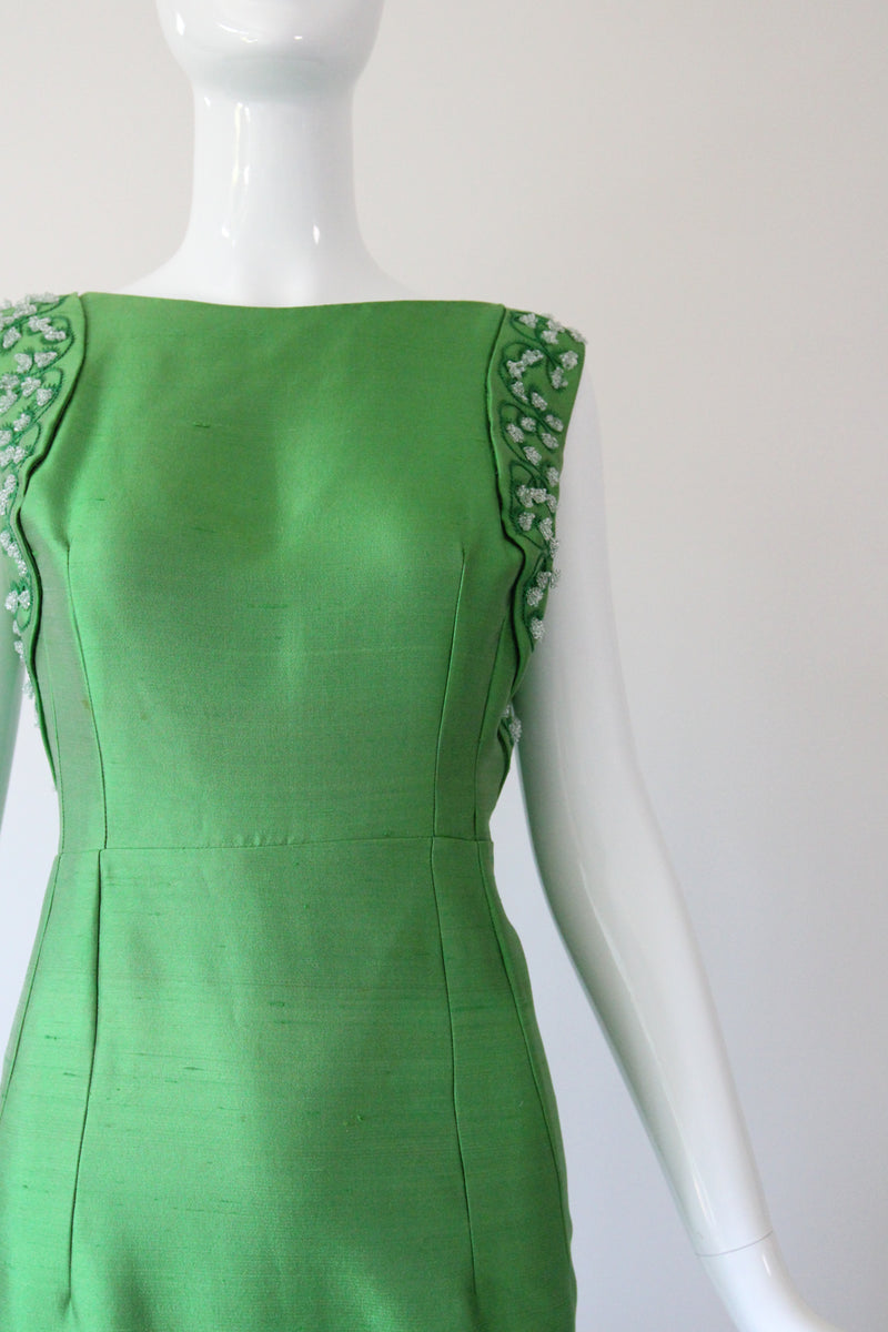 "Trailing Beaded Berries" Vintage 1960's Green Shantung Silk Beaded Evening Gown UK 12-14 US 8-10