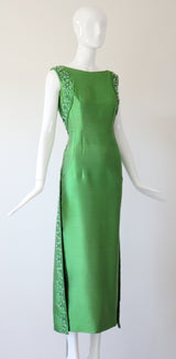 "Trailing Beaded Berries" Vintage 1960's Green Shantung Silk Beaded Evening Gown UK 12-14 US 8-10