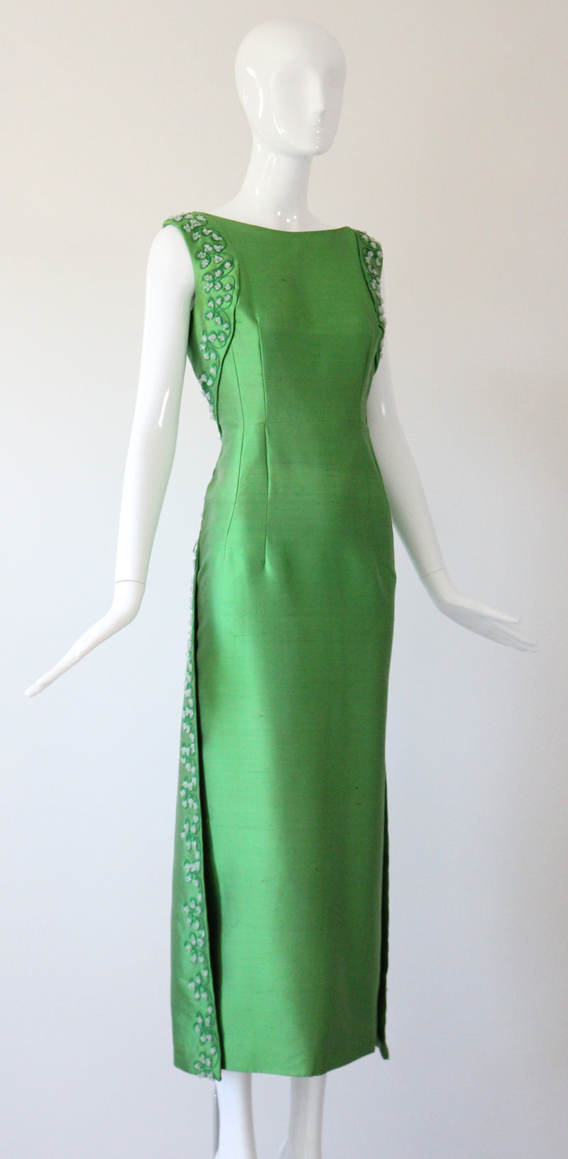 "Trailing Beaded Berries" Vintage 1960's Green Shantung Silk Beaded Evening Gown UK 12-14 US 8-10