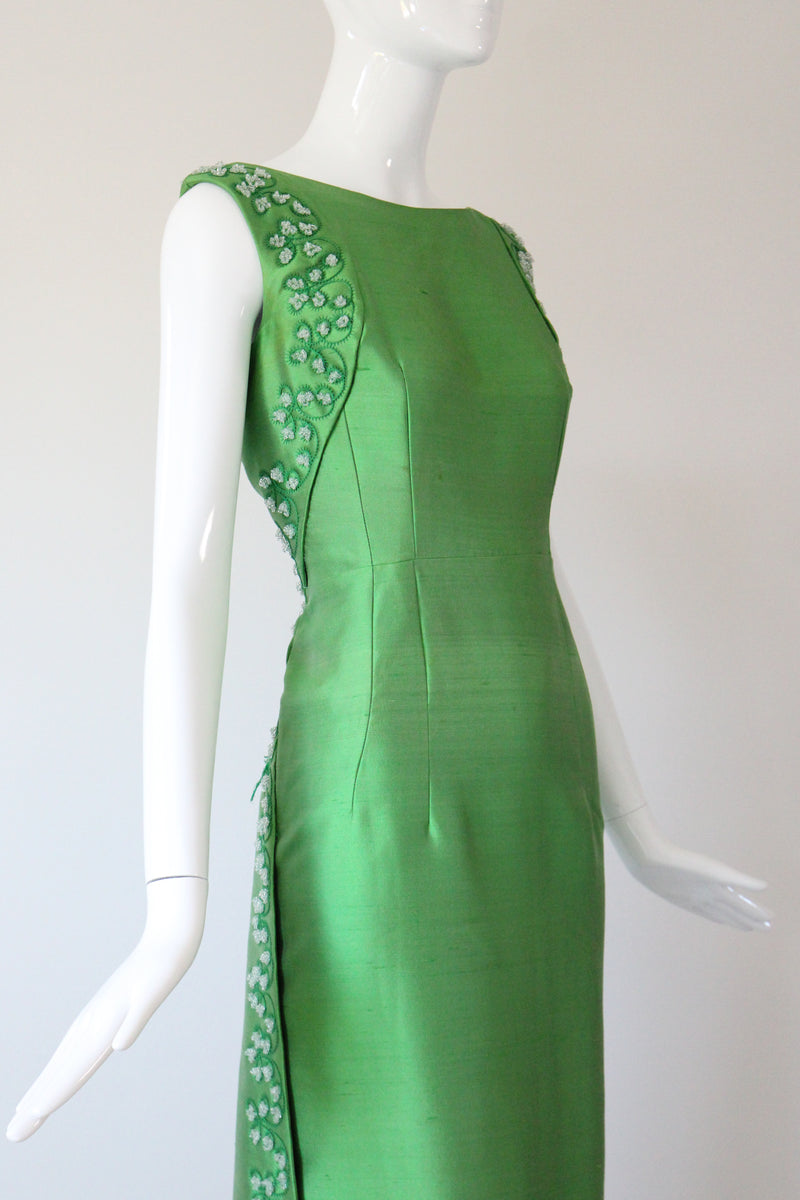 "Trailing Beaded Berries" Vintage 1960's Green Shantung Silk Beaded Evening Gown UK 12-14 US 8-10