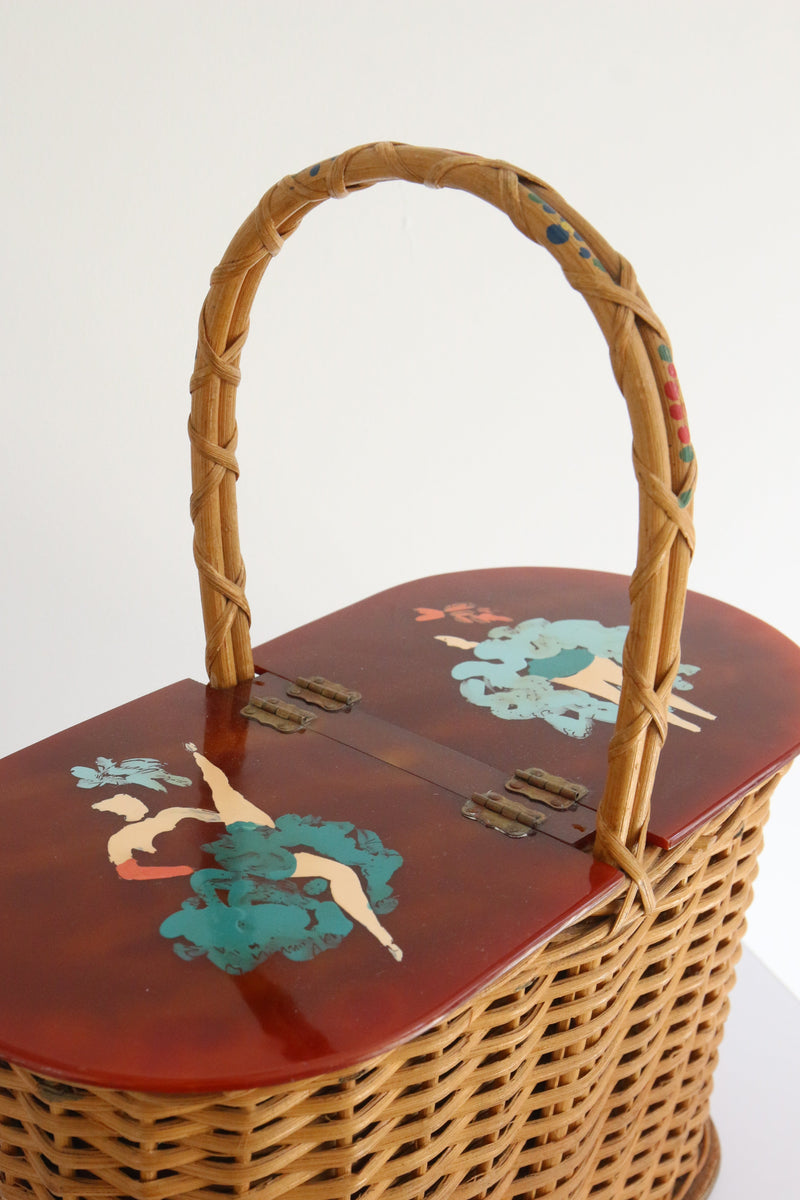 "Can Can Dancers" Vintage 1940's Straw & Lucite Basket Bag