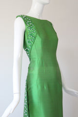 "Trailing Beaded Berries" Vintage 1960's Green Shantung Silk Beaded Evening Gown UK 12-14 US 8-10