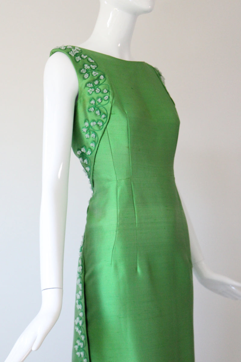 "Trailing Beaded Berries" Vintage 1960's Green Shantung Silk Beaded Evening Gown UK 12-14 US 8-10