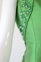 "Trailing Beaded Berries" Vintage 1960's Green Shantung Silk Beaded Evening Gown UK 12-14 US 8-10