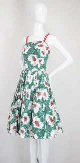 "Flower Fields" Vintage 1950's Green Floral Day Dress UK 6 US 2
