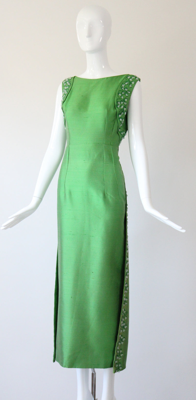"Trailing Beaded Berries" Vintage 1960's Green Shantung Silk Beaded Evening Gown UK 12-14 US 8-10