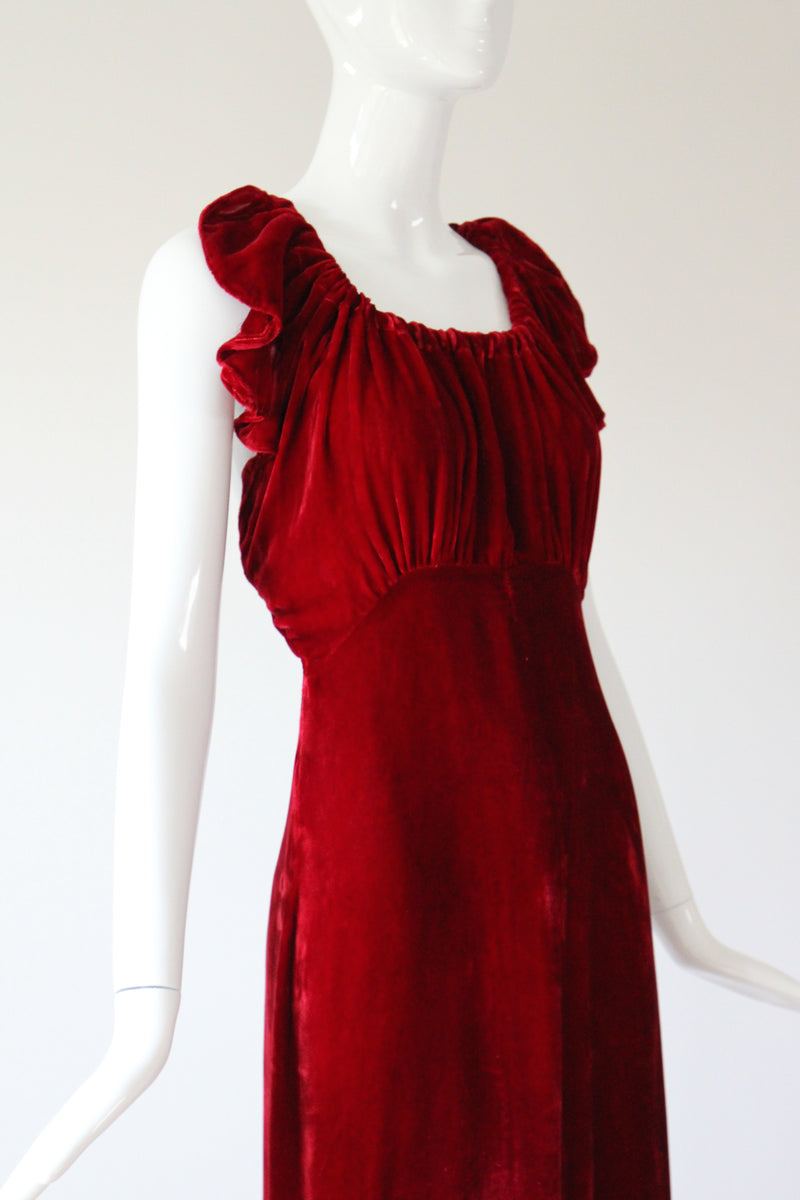"Racing Red Velvet" Vintage 1930's Red Velvet Racer Back Dress & Matching Jacket UK 6-8 US 2-4