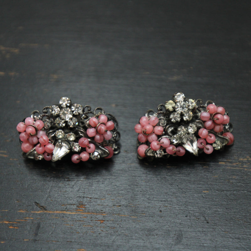"Pink & Silver Florals" Vintage 1940's Filigree Floral Bead & Rhinestone Clip on Earrings