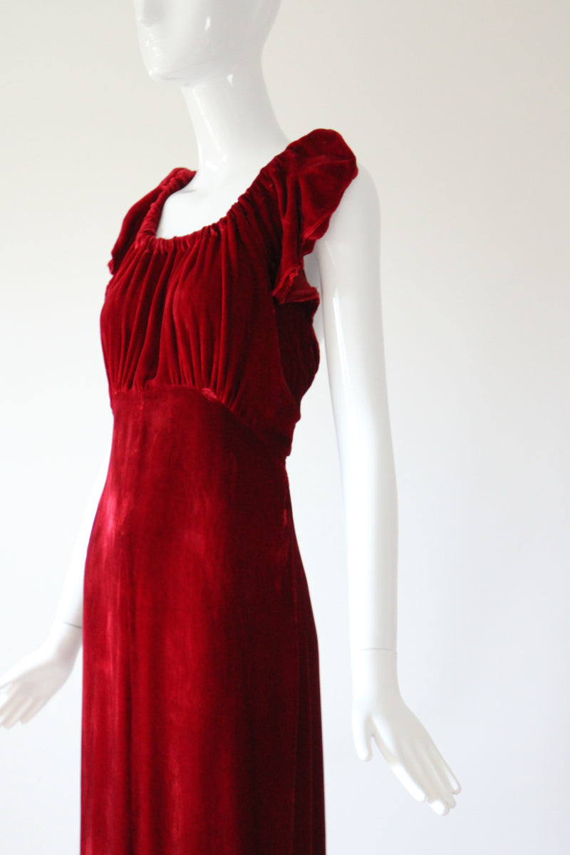 "Racing Red Velvet" Vintage 1930's Red Velvet Racer Back Dress & Matching Jacket UK 6-8 US 2-4