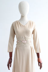 "Velvet Soutache & Satin" Vintage 1950's Cream Jersey Embellished Dress UK 12 US 8