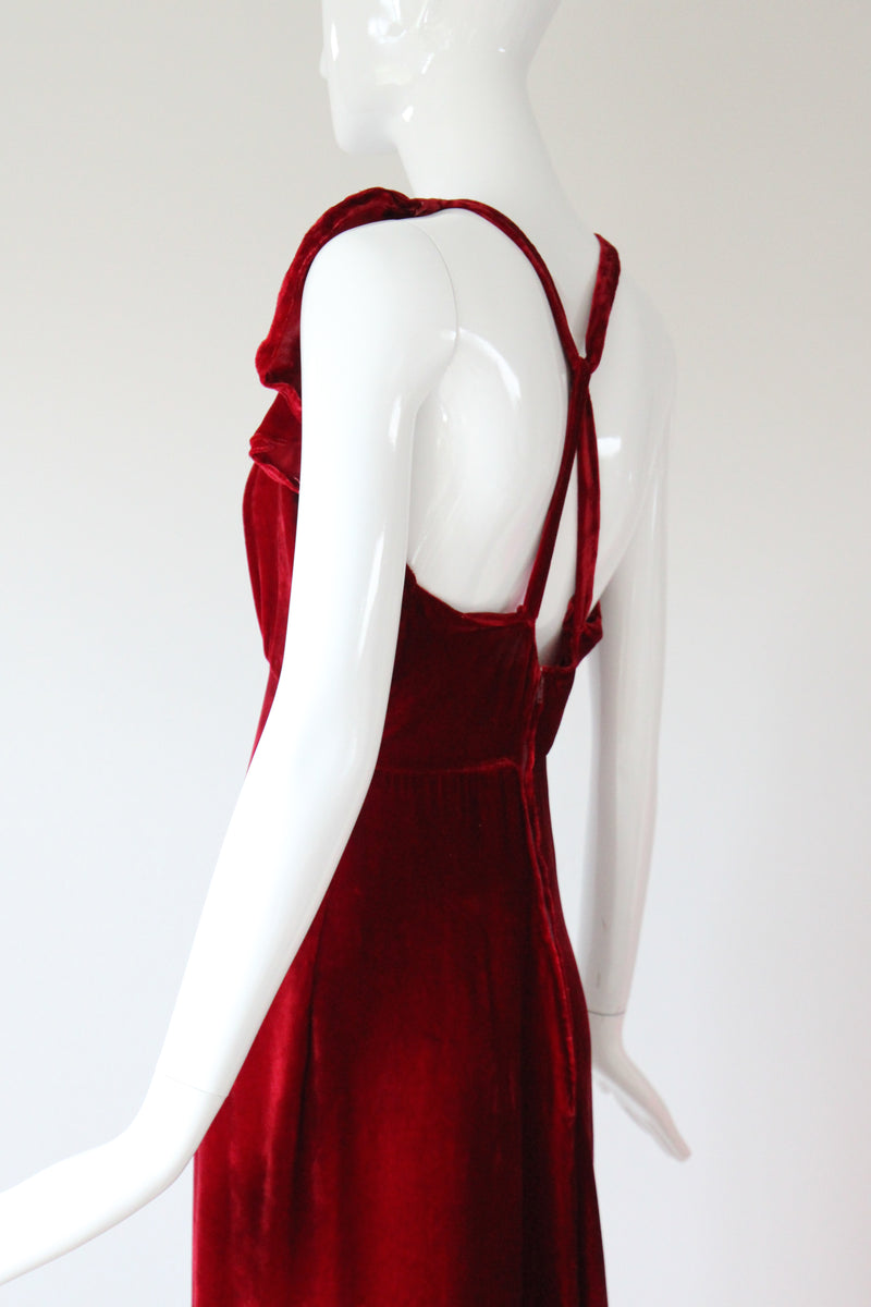 "Racing Red Velvet" Vintage 1930's Red Velvet Racer Back Dress & Matching Jacket UK 6-8 US 2-4