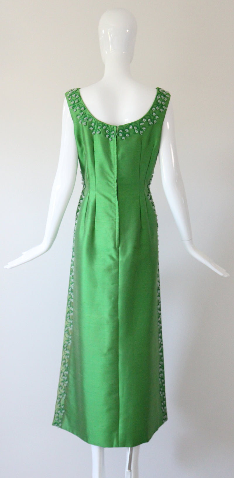 "Trailing Beaded Berries" Vintage 1960's Green Shantung Silk Beaded Evening Gown UK 12-14 US 8-10