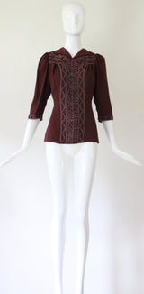 "Glass Bead & Buttons" Vintage 1940's Bitter Chocolate Crepe Silk Beaded Blouse UK 8-10 US 4-6