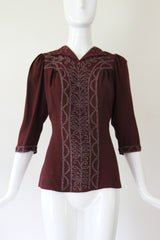 "Glass Bead & Buttons" Vintage 1940's Bitter Chocolate Crepe Silk Beaded Blouse UK 8-10 US 4-6