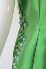 "Trailing Beaded Berries" Vintage 1960's Green Shantung Silk Beaded Evening Gown UK 12-14 US 8-10