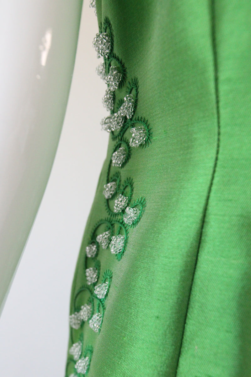 "Trailing Beaded Berries" Vintage 1960's Green Shantung Silk Beaded Evening Gown UK 12-14 US 8-10