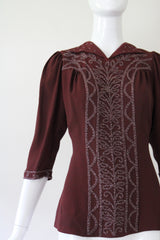 "Glass Bead & Buttons" Vintage 1940's Bitter Chocolate Crepe Silk Beaded Blouse UK 8-10 US 4-6