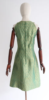 "Lurex Keyhole" Vintage 1960's Green & Gold Lurex Brocade Keyhole Feature Dress UK 8 US 4