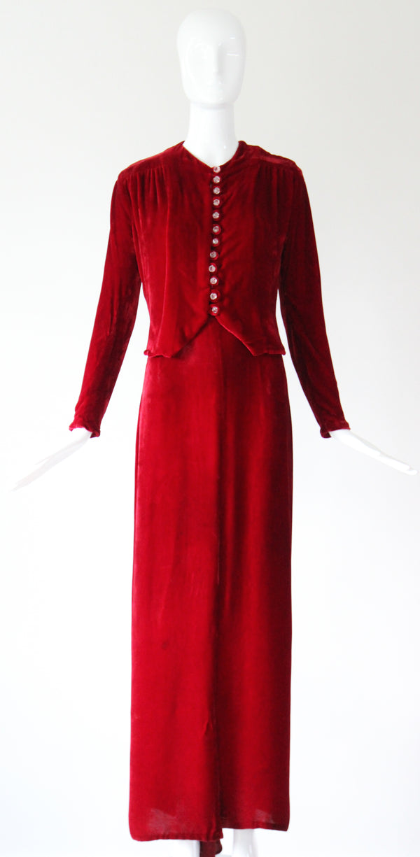 "Racing Red Velvet" Vintage 1930's Red Velvet Racer Back Dress & Matching Jacket UK 6-8 US 2-4