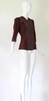 "Glass Bead & Buttons" Vintage 1940's Bitter Chocolate Crepe Silk Beaded Blouse UK 8-10 US 4-6