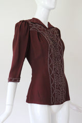 "Glass Bead & Buttons" Vintage 1940's Bitter Chocolate Crepe Silk Beaded Blouse UK 8-10 US 4-6