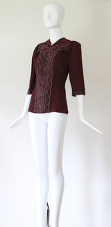 "Glass Bead & Buttons" Vintage 1940's Bitter Chocolate Crepe Silk Beaded Blouse UK 8-10 US 4-6