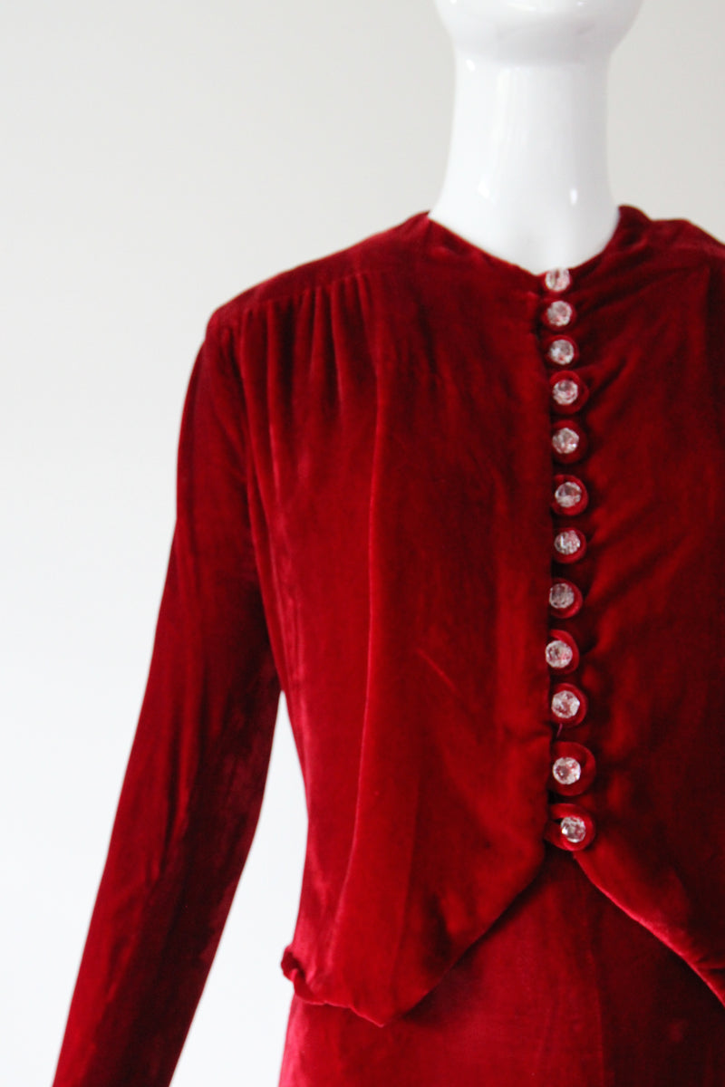 "Racing Red Velvet" Vintage 1930's Red Velvet Racer Back Dress & Matching Jacket UK 6-8 US 2-4