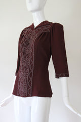 "Glass Bead & Buttons" Vintage 1940's Bitter Chocolate Crepe Silk Beaded Blouse UK 8-10 US 4-6