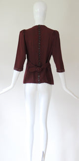 "Glass Bead & Buttons" Vintage 1940's Bitter Chocolate Crepe Silk Beaded Blouse UK 8-10 US 4-6