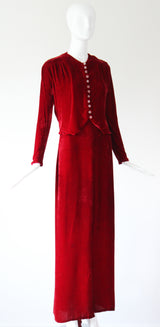 "Racing Red Velvet" Vintage 1930's Red Velvet Racer Back Dress & Matching Jacket UK 6-8 US 2-4