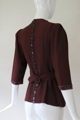 "Glass Bead & Buttons" Vintage 1940's Bitter Chocolate Crepe Silk Beaded Blouse UK 8-10 US 4-6